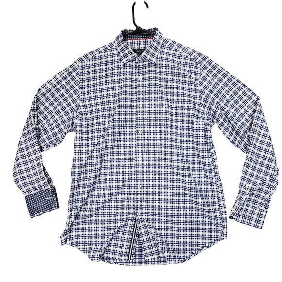Bugatchi Button Up Shirt sz M Men Classic Fit Plaid Blue White Flip Cuff Preppy - Picture 1 of 12